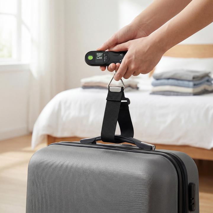 Produktbild Bearware Kofferwaage digital, bis 50 kg, mit Wiegeband & Haken, für Reisen, Gepäckwaage mit Display, schwarz (Kofferwaage)