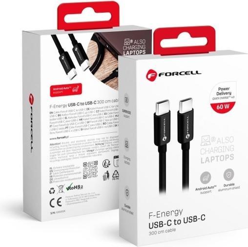 Produktbild Forcell Cable F-ENERGY C338 cable Type C to Type C PD QC4.0 3A 60W 3 m black (3 m, 60 W)