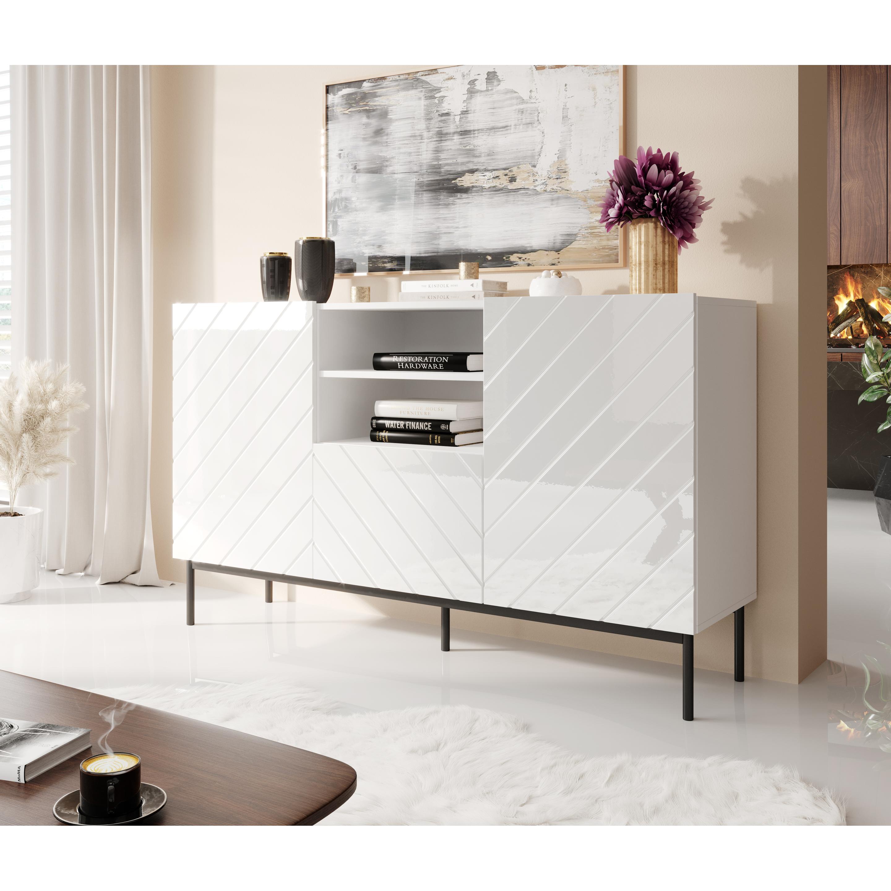 Cama, Kommode + Sideboard, ABETO Kommode auf schwarzem Stahlrahmen 150x42x90 weiss/weiss glänzend (150 x 42 x 90 cm)