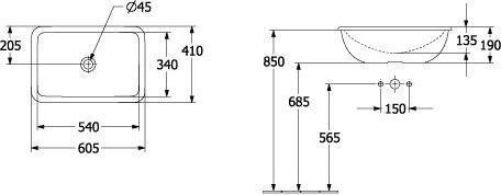 Actual product image Villeroy & Boch V&B built-in washbasin LOOP & FRIENDS w ÜL rectangular 600x405mm white C+ (410 mm, 605 mm)