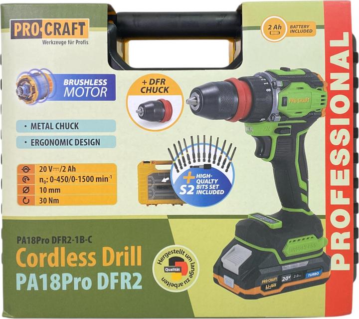Produktbild Procraft PA18ProDFR2-1B-C Akku Bohrschrauber 20 V 30 Nm Brushless + 1x Akku 2,0 Ah + Ladegerät + 13