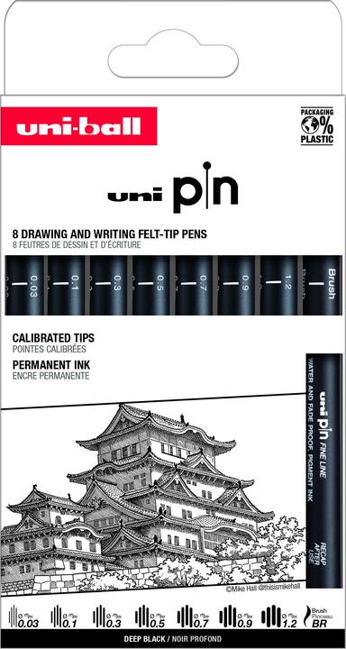 Produktbild Uni-ball Fineliner Classic Himeji, Schwarz, 8 Stück (Schwarz, 8x)