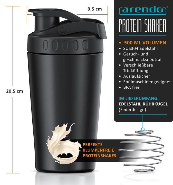 Actual product image Arendo Protein Shaker Edelstahl Eiweissshaker 500 ml, verschliessbar, spülmaschinengeeignet, BPA-frei (0.50 l)