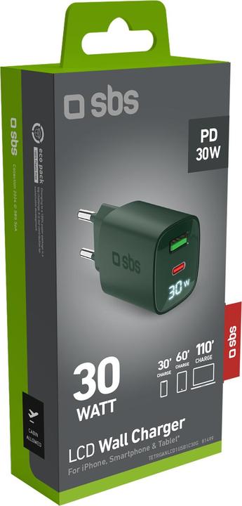 Immagine prodotto SBS Caricabatterie da parete con schermo LCD, 1 uscita USB-C PD 30W, 1 uscita USB-A 18W (30 W)