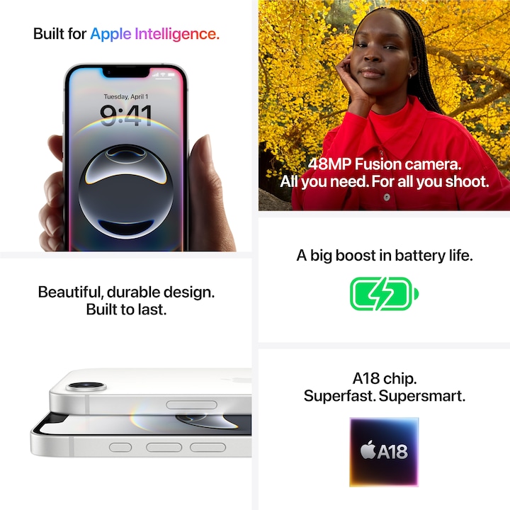 Actual product image Apple iPhone 16e (128 GB, White, 6.10", Dual SIM, 48 Mpx, 5G)