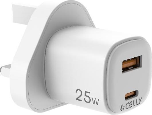 Celly GaN mains charger 25W with USB-C and (25 W, 2 ports)