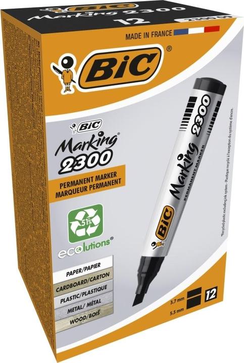 Actual product image Bic Marking 2300, Black, Chisel tip, Black, Grey, 3.1 mm, 5.3 mm, Chipboard, Glass, Metal, Paper, Pl (Black, 5.30 mm, 12 x)