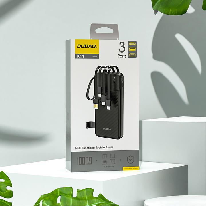 Image du produit Dudao K11 10000mAh Powerbank mit integrierten Kabeln - Schwarz (10000 mAh, 10 W)