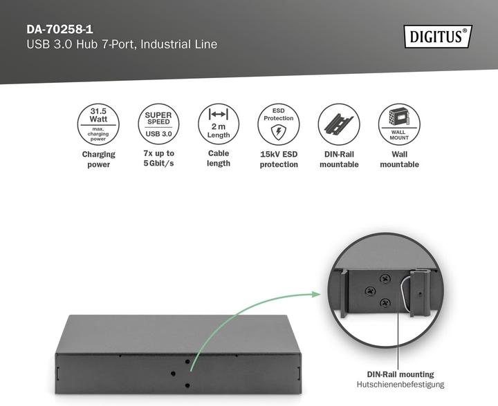 Produktbild Digitus USB 3.0 HUB, 7 Port, Industrial, Metal inkl. PSU 15-kV-ESD, Tisch-, Wand-, DIN-Schienenmontage (USB-C, 7 Ports)