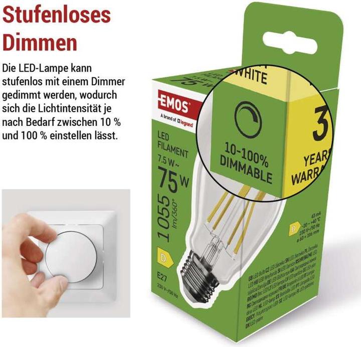 Produktbild Emos LED Lampe Filament A60 / E27 / 7,5 W (75 W) / 1 055 lm / Warmweiss / dimmbar (E27, 1055 lm, 1x)