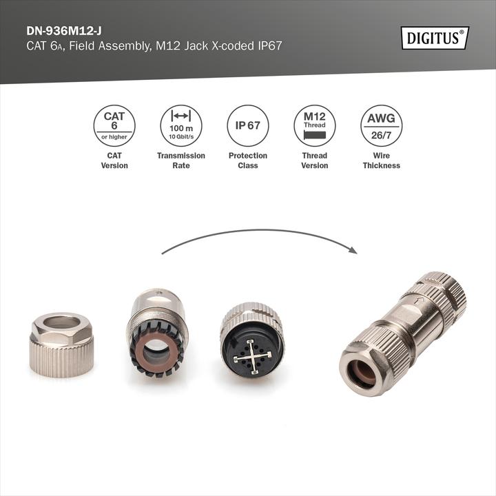 Image du produit Digitus M12 Jack X-coded IP67 CAT 6A, field assembly