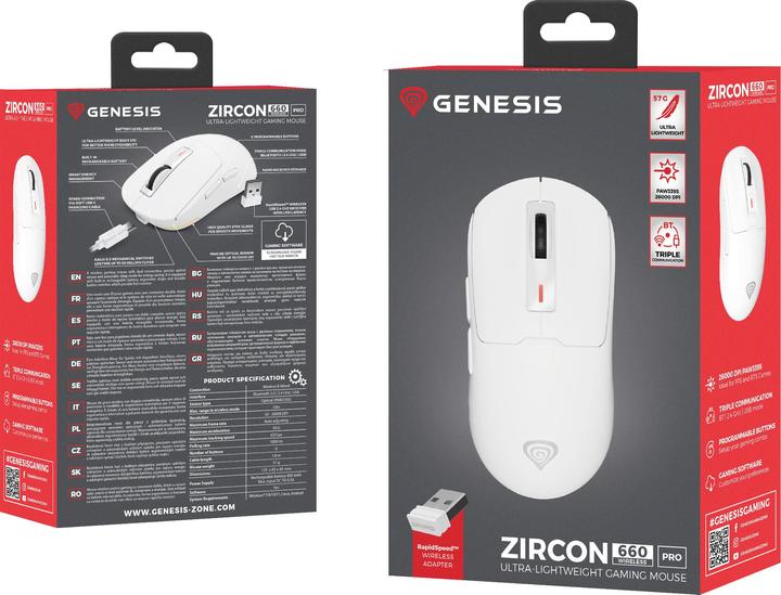 Actual product image Genesis Mysz Dla Graczy Zircon 660 Pro Bezprzewodowa 26000dpi Biała Gamingowa (Cable, Wireless)