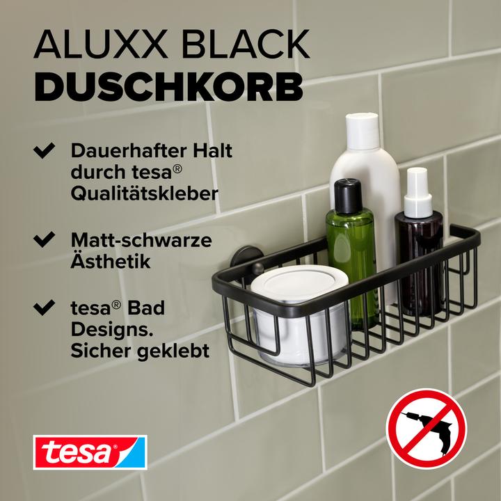 Actual product image tesa ALUXX BLACK shower basket incl. adhesive solution without drilling (25 x 12.5 x 9.5 cm)