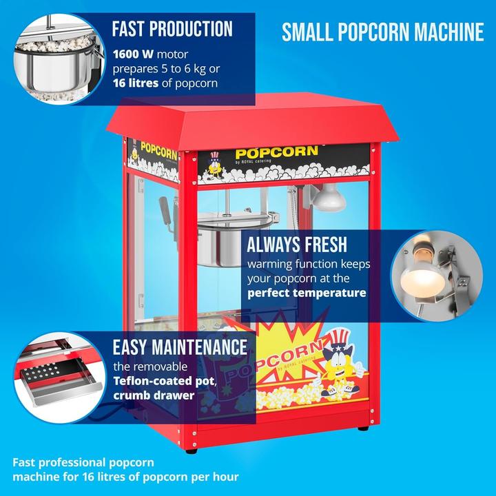 Immagine prodotto Royal Catering Piccola macchina per popcorn - Potenza 1600 W, acciaio inox, vetro temperato, rivestimento in teflon