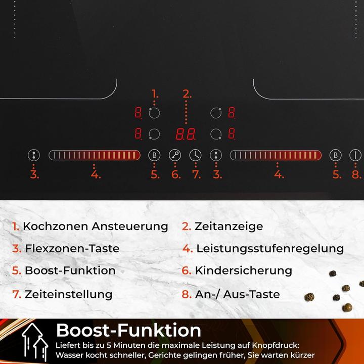Produktbild KLAMER Induktionskochfeld 60 cm, 4 Zonen mit 2 Flexzonen, 7400 Watt, Boost Funktion, 9 Leistung… (59 cm, Induktionskochfeld)
