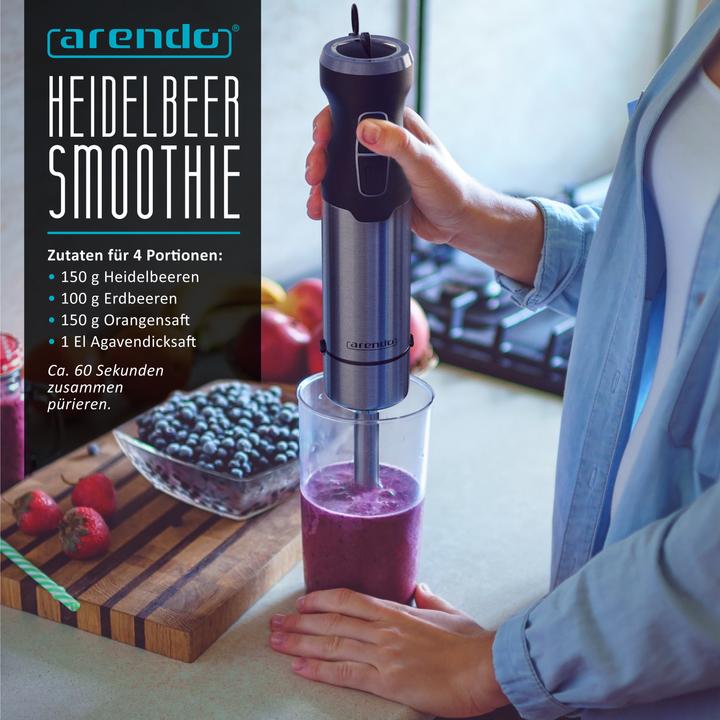 Produktbild Arendo Stabmixer mit Messbecher, 1000W, Edelstahl, vierflügeliges Messer, Pürierstab, DC Motor, Turbotaste