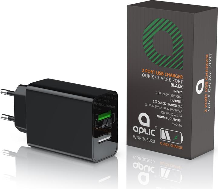 Actual product image Aplic USB charger 3000 mA, 2 port, 30W, Quick Charge 3.0 (QC 3.0) fast charging function, black (30 W)