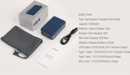Actual product image Orsen EW35 Wireless Power Bank 10000mAh juodas (10000 mAh, 18 W, 37 Wh)