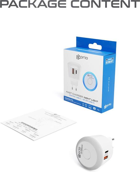 Produktbild prio Fast Charge Wall Charger 20W PD (USB C) + QC 3.0 (USB A) Night Light blue (20 W, 2 Ports)