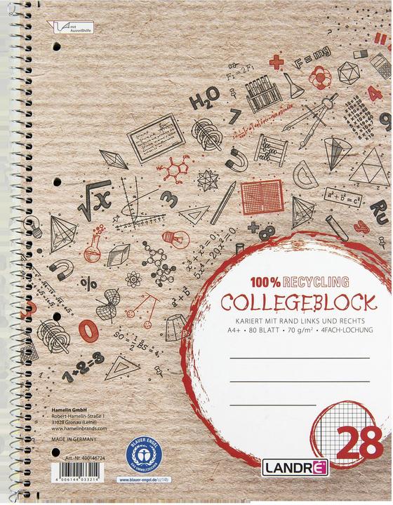 Image du produit Landré Collegeblock Recycling Lineature 28 quadrillé DIN A4 Bords intérieurs et extérieurs (A4, Quadrillé, Couverture rigide)
