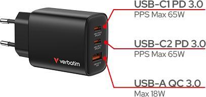 Immagine prodotto Verbatim GaN III Essentials (65 W, 3 porte)