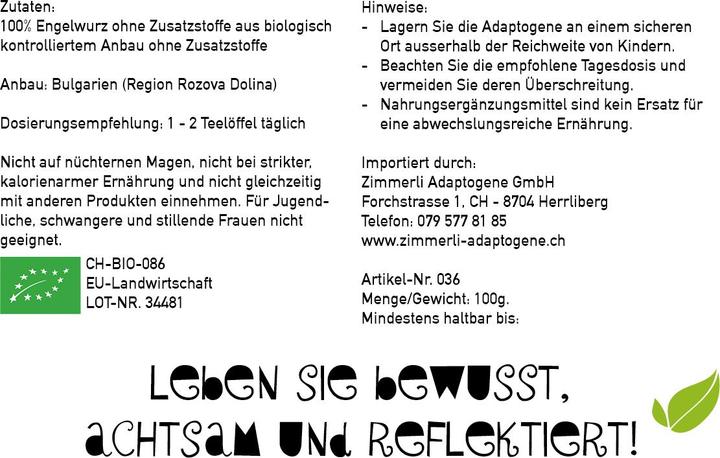 Nährwerte und Zutaten Zimmerli Adaptogene Angelika Tee (BIO) (100 g)