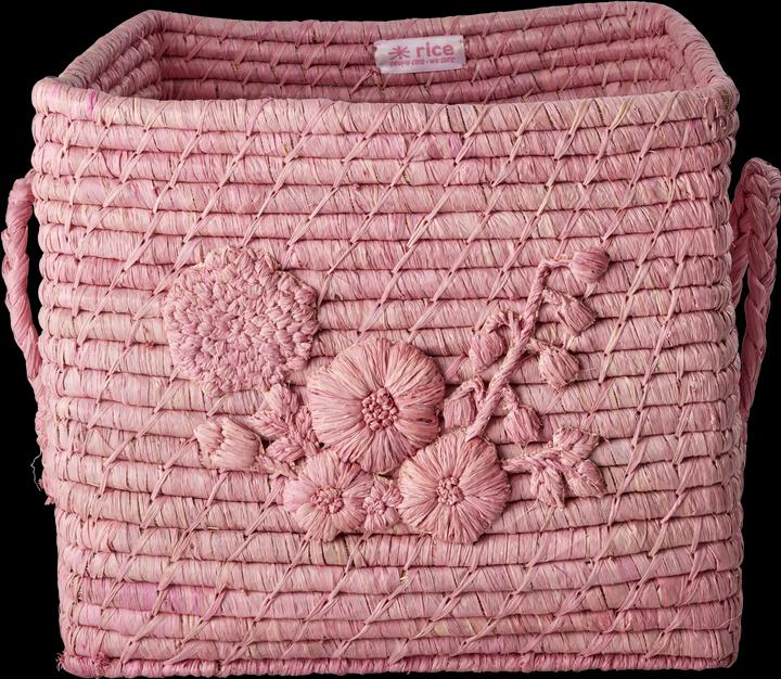Rice Raffia Square Basket with Flower Embroidery - Pink