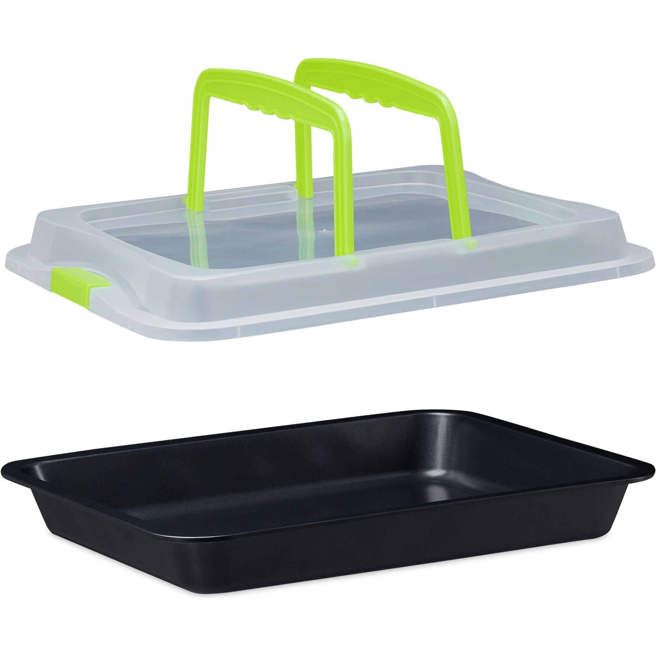 Relaxdays Teglia con coperchio 3in1, Teglia + Stampi da forno, Trasparente, Verde, Nero