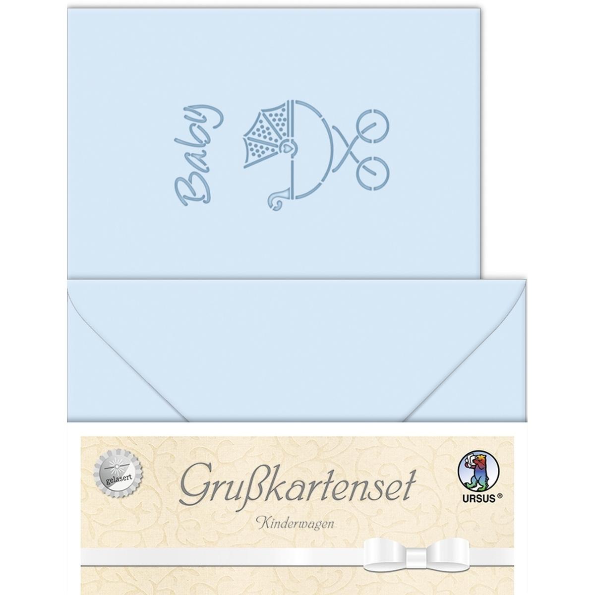 Thumbnail - Ursus, Grusskarte + Briefpapier, Blankokarte Baby Kinderwagen blau (5 Stk.)