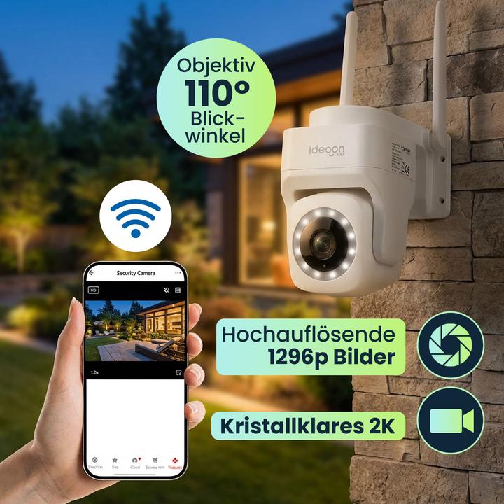 Actual product image Ideoon 4er-Set Outdoor Überwachungskamera 2K WLAN IP65 Wetterfest: 355 Grad Aussen-Kamera (2304 x 1296 Pixels)