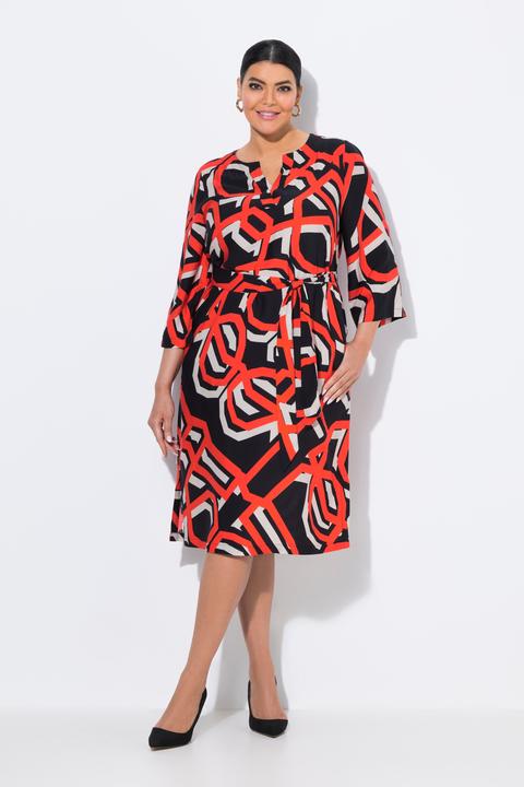 Actual product image Ulla Popken Geometric Print Split Neck Tie Belt Dress (42, 44)