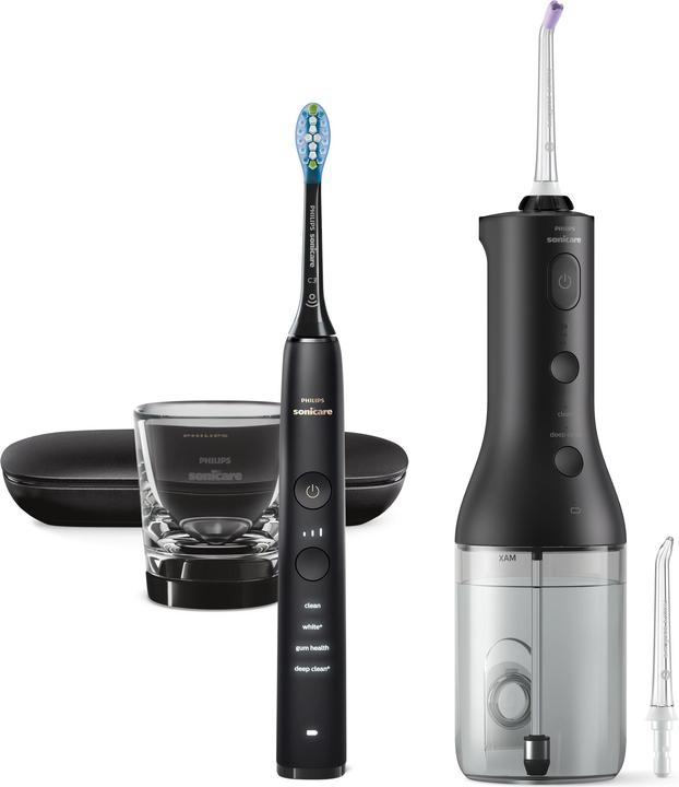 1x oplaadglas, 1x USB-reisetui, 1x DiamondClean 9000, 1x USB oplaadkabel, 1x F3 Quad-stream mondstuk, 1x F1 standaard mondstuk, 1x USB-wandoplader, 1x C3 opzetborstel, 1x Draadloze Power Flosser