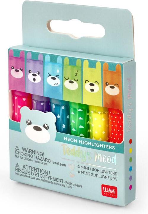 Actual product image Legami Mini Highlighters Set Teddys Mood, 6-tlg., Textmarker, Leuchtmarker, Stifte, MH0003 (Violet, Orange, Green, Blue, Rose, Yellow, 10 mm, 6 x)