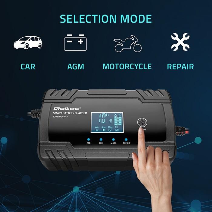 Produktbild Qoltec Mikroprozessor-Ladegerät 12V 8A 24V 4A LCD (12V, 24V, 8 A)