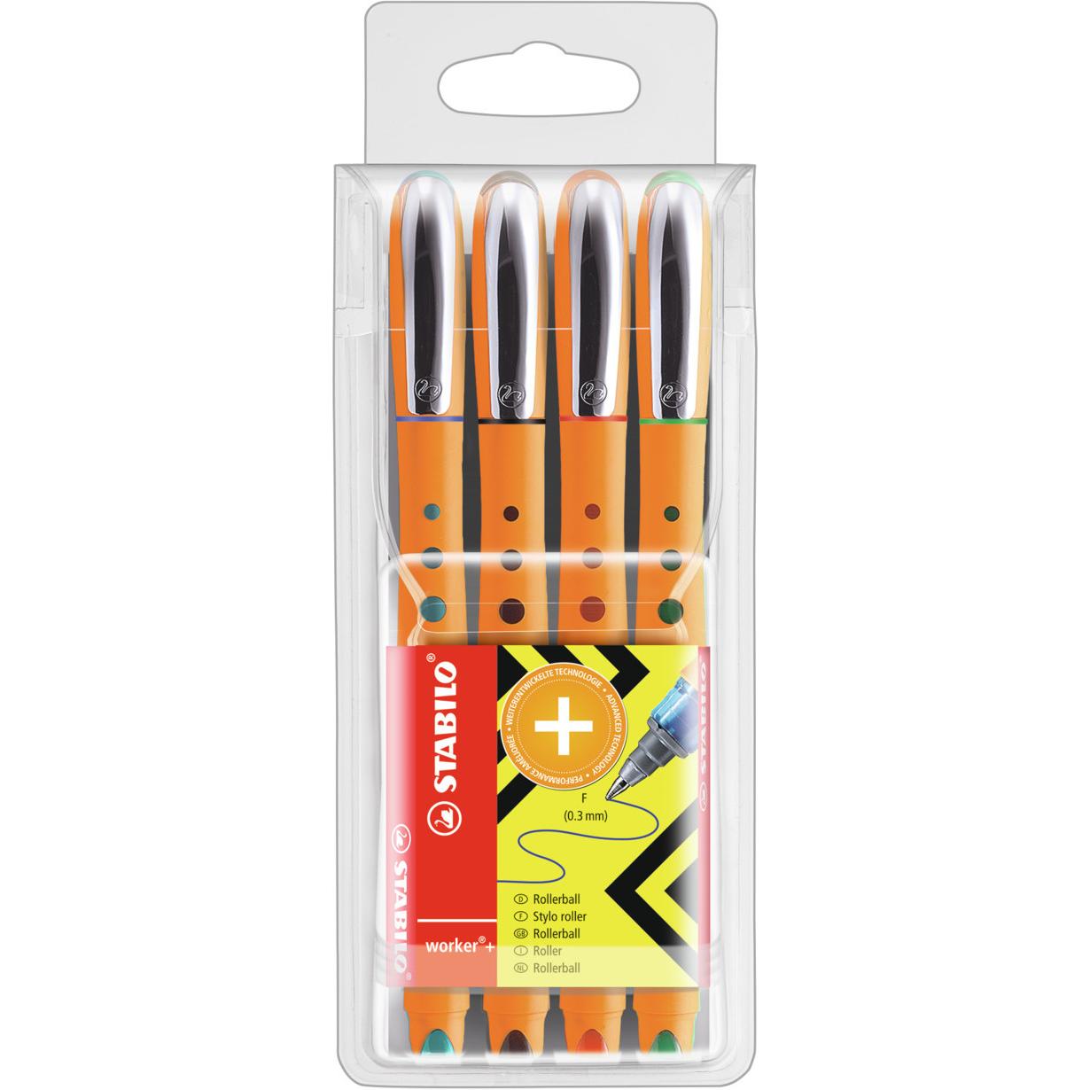 STABILO, Schreibstifte, worker+ Tintenroller (Grün, Rot, Blau, Schwarz, 4 x)