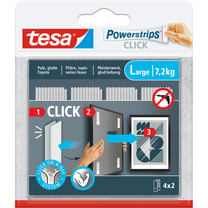 Immagine prodotto tesa Powerstrips CLICK - Cuscinetti adesivi in velcro - Appendi quadri senza forare - Grande 7,2kg - 4 x (7.20 kg)