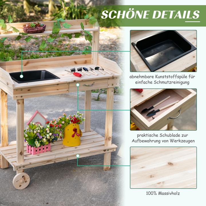 Produktbild Outsunny Gärtnertisch mit Waschbecken und Rollen (92 cm)