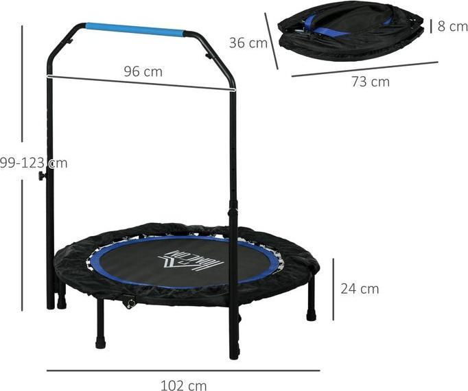 Immagine prodotto Swisshandel24 Fitnesstrampolin, klappbar, verstellbarer Haltegriff, Ø102x123H cm, bis 100 kg, Schwarz/Blau (102 cm)