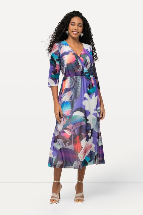 Produktbild Ulla Popken Meshkleid, Blüten, Wickeloptik, V-Ausschnitt, 3/4-Arm (46, 48)