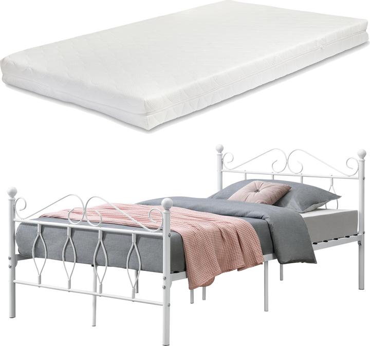 Image du produit En.Casa Lit en métal Apolda 120x200 cm lit pour jeunes avec matelas en mousse froide jusqu'à 300kg Blanc (120 x 200 cm)