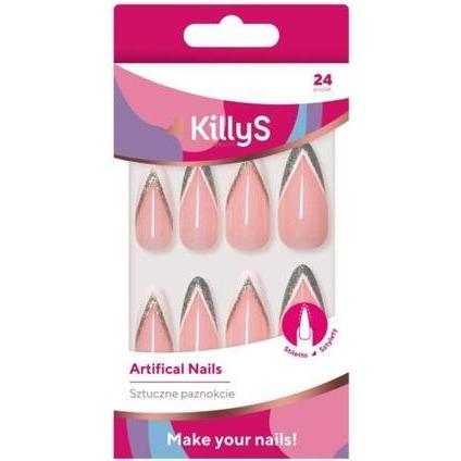 KillyS, Nagelstyling + Kunstnägel, Künstliche Nägel Stiletto Silber Glitter French (Pink)