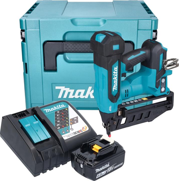 1x Makita DBN 601 cordless nailer, 1x adapter (422B86-0), 1x Makita BL 1860 B 18 V 6.0 Ah battery, 1x Makita DC 18 RC battery fast charger, 1x Makita Makpac case