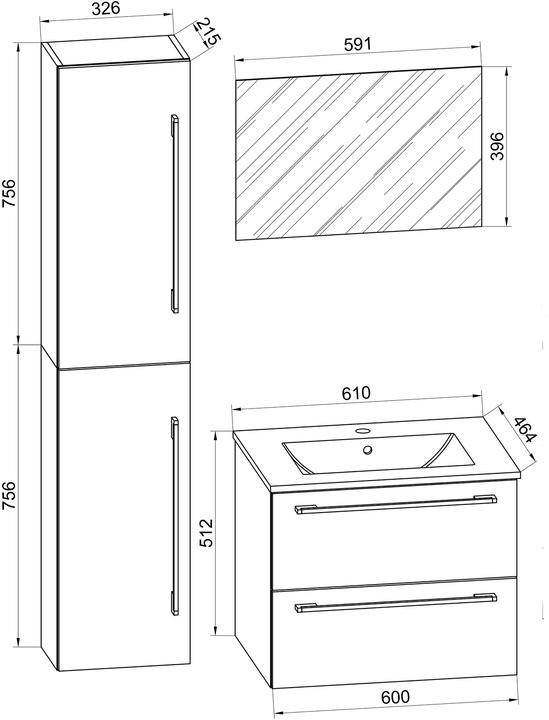 Nutritional values and ingredients VCM 4-piece wash place washbasin Badinos 2 drawers mirror