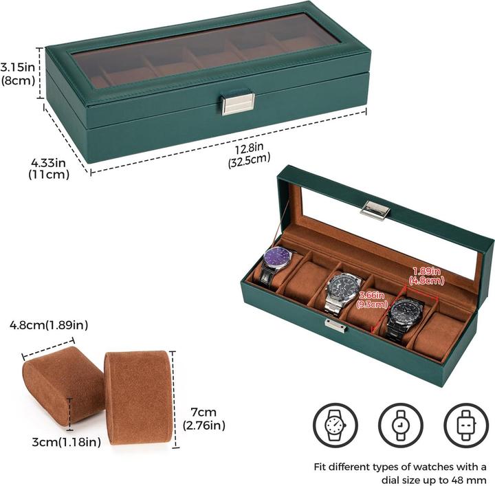 Produktbild Only-Bags.Store Uhrenbox mit 6 Fächern, Uhrenbox mit Glasdeckel, Uhrenkoffer mit Uhrenkissen, Uhrenaufbewahrung