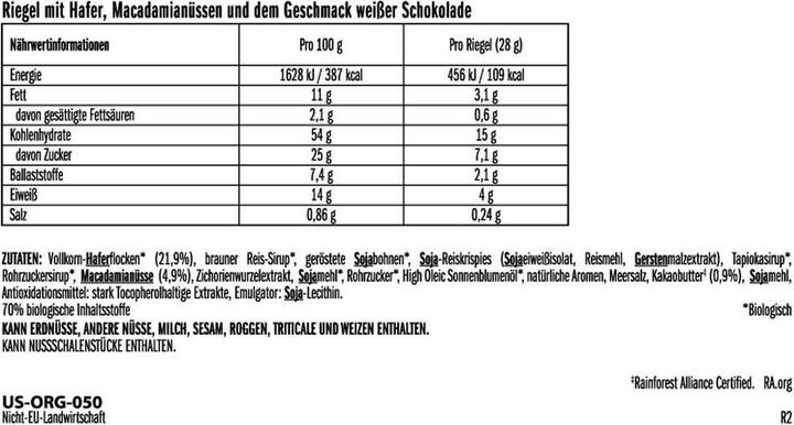 Nährwerte und Zutaten Clif Bar Mini (28 g, 1 Stk.)