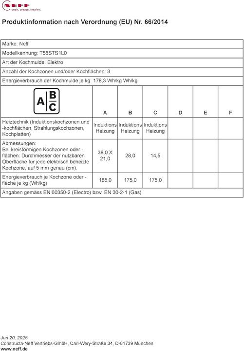 Nutritional values and ingredients Neff N 90, Induction hob, 80 cm, Black, With overlying frame, T58STS1L0 (80.20 cm, Induction hob)