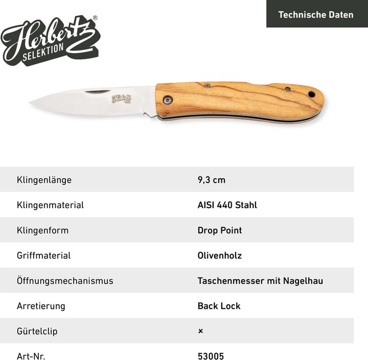 Image du produit Herbertz Couteau de poche Selection, acier AISI 440, inoxydable, bois d'olivier, cran d'arrêt, dragonne