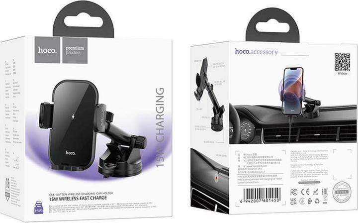 Produktbild Hoco - Car Holder with Wireless Charging Journey (HW5) - for Dashboard and Windshield, 15W - Black