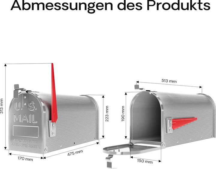 Image du produit Wiltec Boite aux lettres Style américain Design Couleur Gris argenté Boite postale US Mailbox avec drapeau