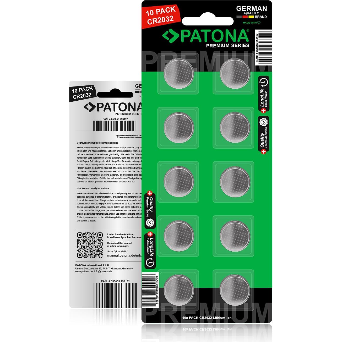 Patona Batteries Replacement Lithium 3V CR2032 10Pack (10 pz., CR2032, 240 mAh), Batterie + pile